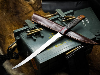 Handmade J2 Steel Chef Fillet Knife – Kitchen Knife with Ram Horn Handle & Cow Leather Sheath