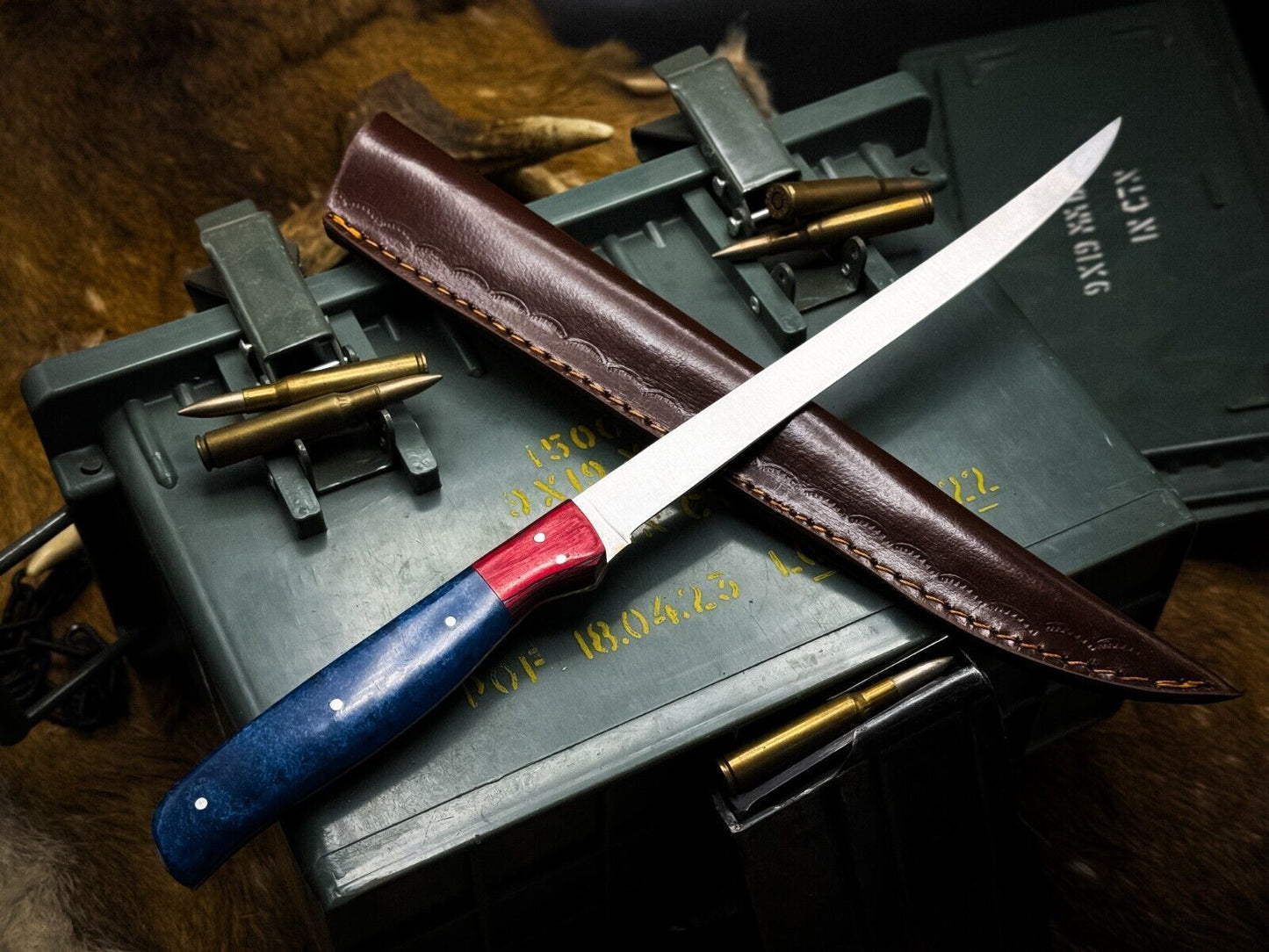 Custom J2 Steel Chef Fillet Knife  Kitchen Knife With Ram Horn Handle  Cow Leather Sheath 1