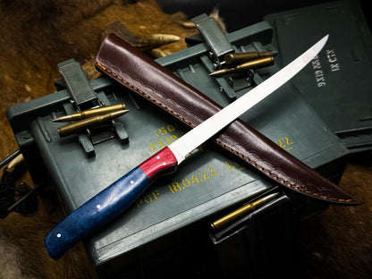 Custom J2 Steel Chef Fillet Knife  Kitchen Knife With Ram Horn Handle  Cow Leather Sheath 1