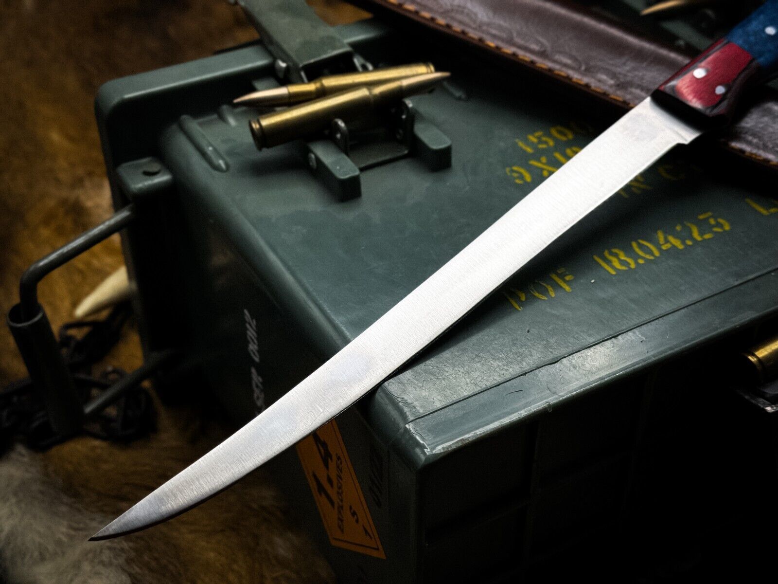 Custom J2 Steel Chef Fillet Knife  Kitchen Knife With Ram Horn Handle  Cow Leather Sheath 3