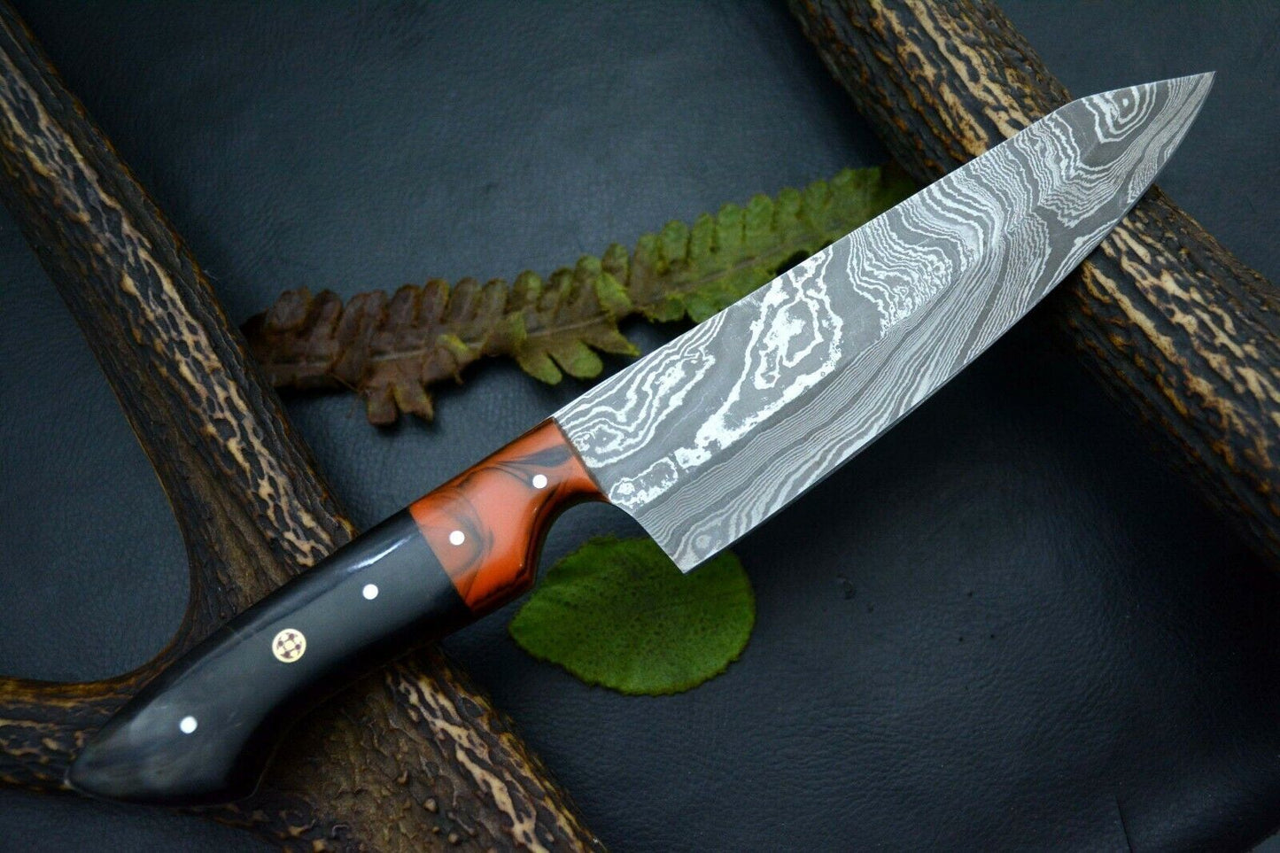 Custom Handmade Damascus Steel Chef Knife – 11" Kitchen Knife with Resin & Horn Handle