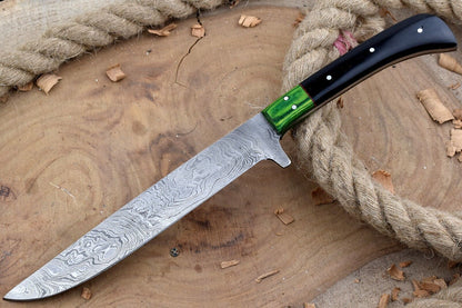 Custom Handmade Damascus Steel Chef Knife – 13" Forged Kitchen Knife with Black Horn Handle