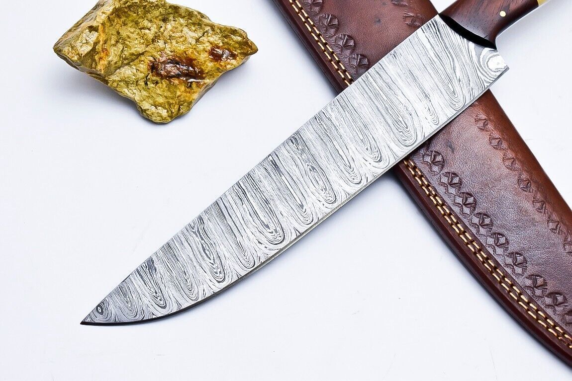 Custom Handmade Damascus Steel Kitchen Chef Knife With Wooden Handle  Leather Sheath 2