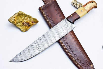 Custom Handmade Damascus Steel Kitchen Chef Knife With Wooden Handle  Leather Sheath 3