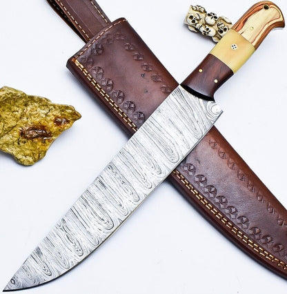 Custom Handmade Damascus Steel Kitchen Chef Knife with Wooden Handle & Leather Sheath