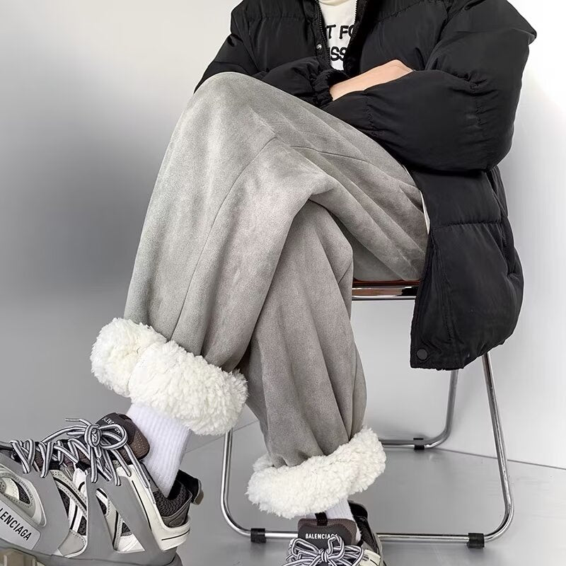 Men's Winter Ski Pants, Lamb Wool Insulation, Thickened Fleece Lining, Trendy Deer Pattern, Northeast Style Outerwear