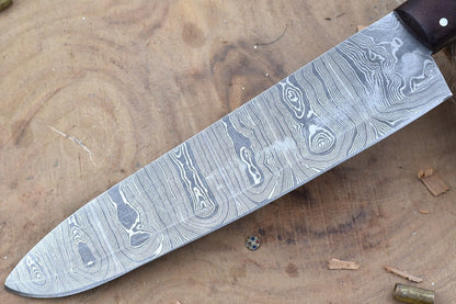 Custom Handmade Damascus Kitchen Knife  Rosewood Grip  Leather Cover 2