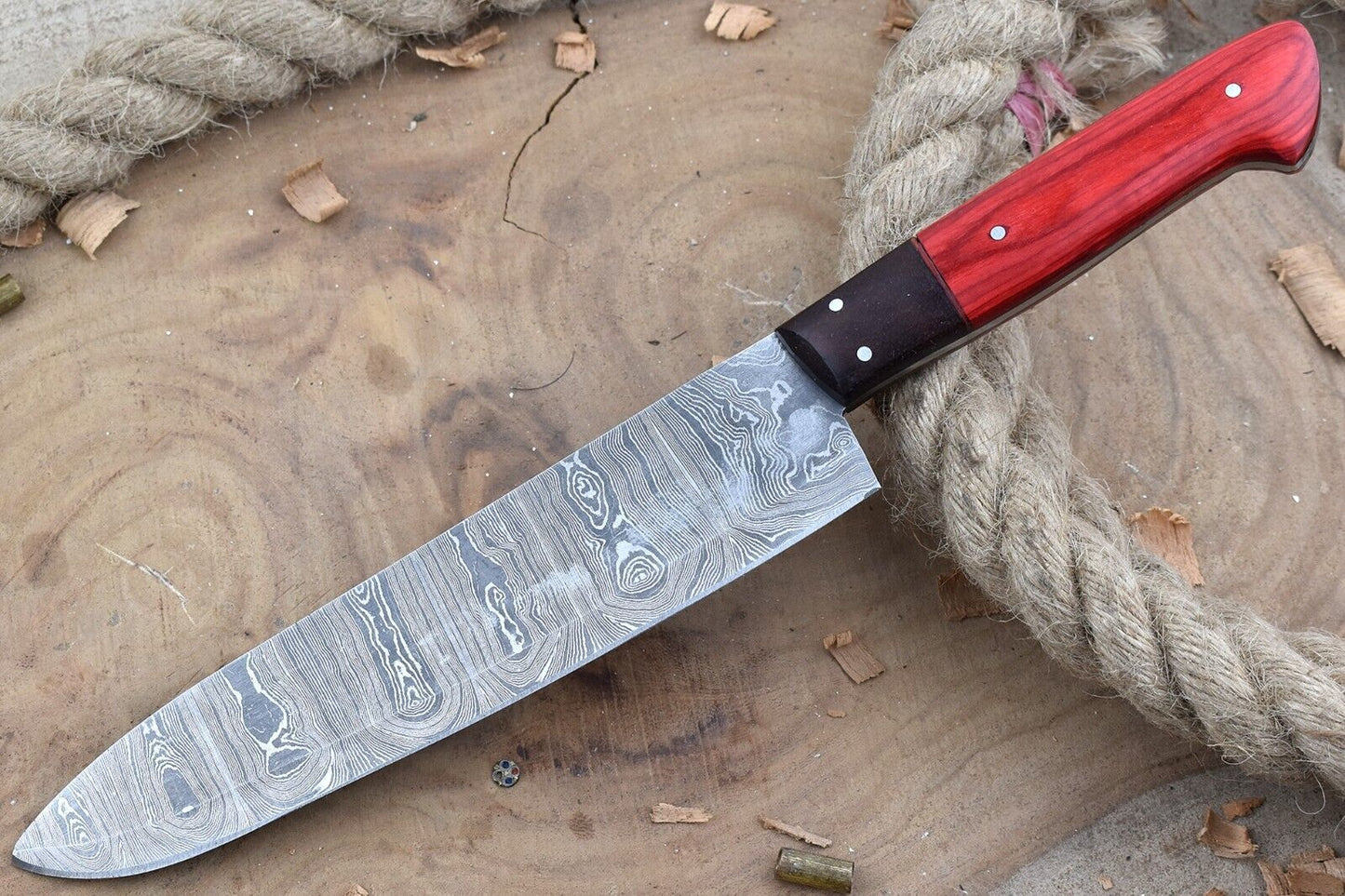 Custom Handmade Damascus Kitchen Knife  Rosewood Grip  Leather Cover 3