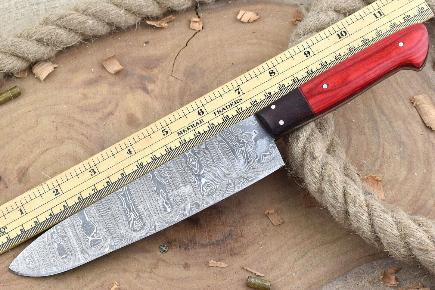 Custom Handmade Damascus Kitchen Knife – Rosewood Grip & Leather Cover