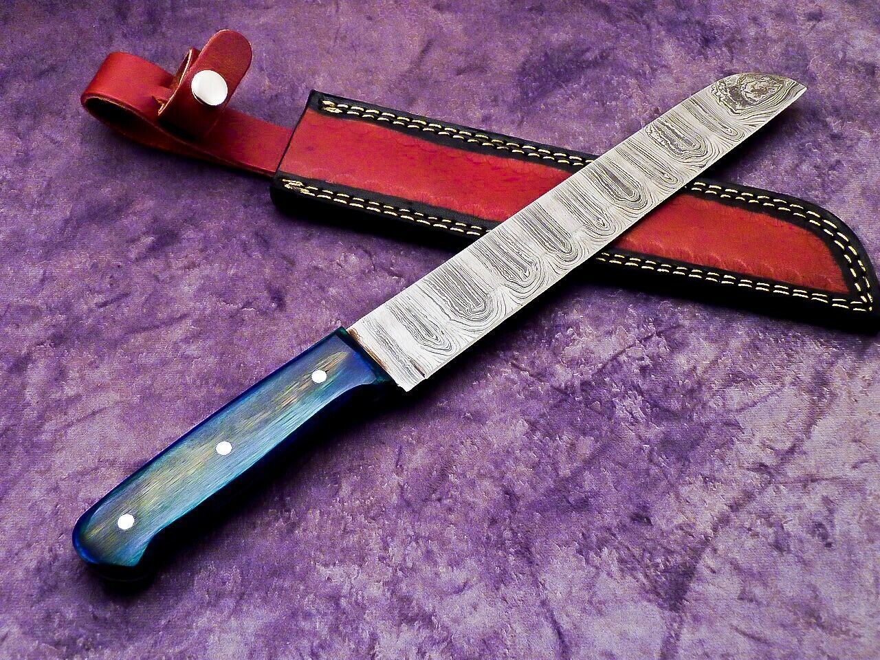 Professional Damascus Steel Chef Knife  Polished Wooden Handle  Leather Sheath 1