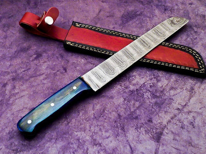 Professional Damascus Steel Chef Knife  Polished Wooden Handle  Leather Sheath 1