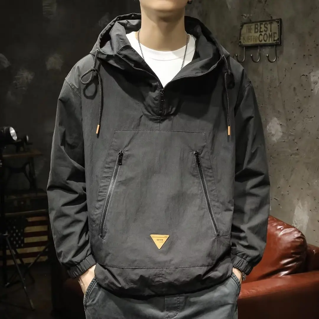 Men's Outdoor Workwear Jacket, Japanese Style Hooded Punching Clothes, Loose Fit Casual Half Zipper, Spring Autumn Coat