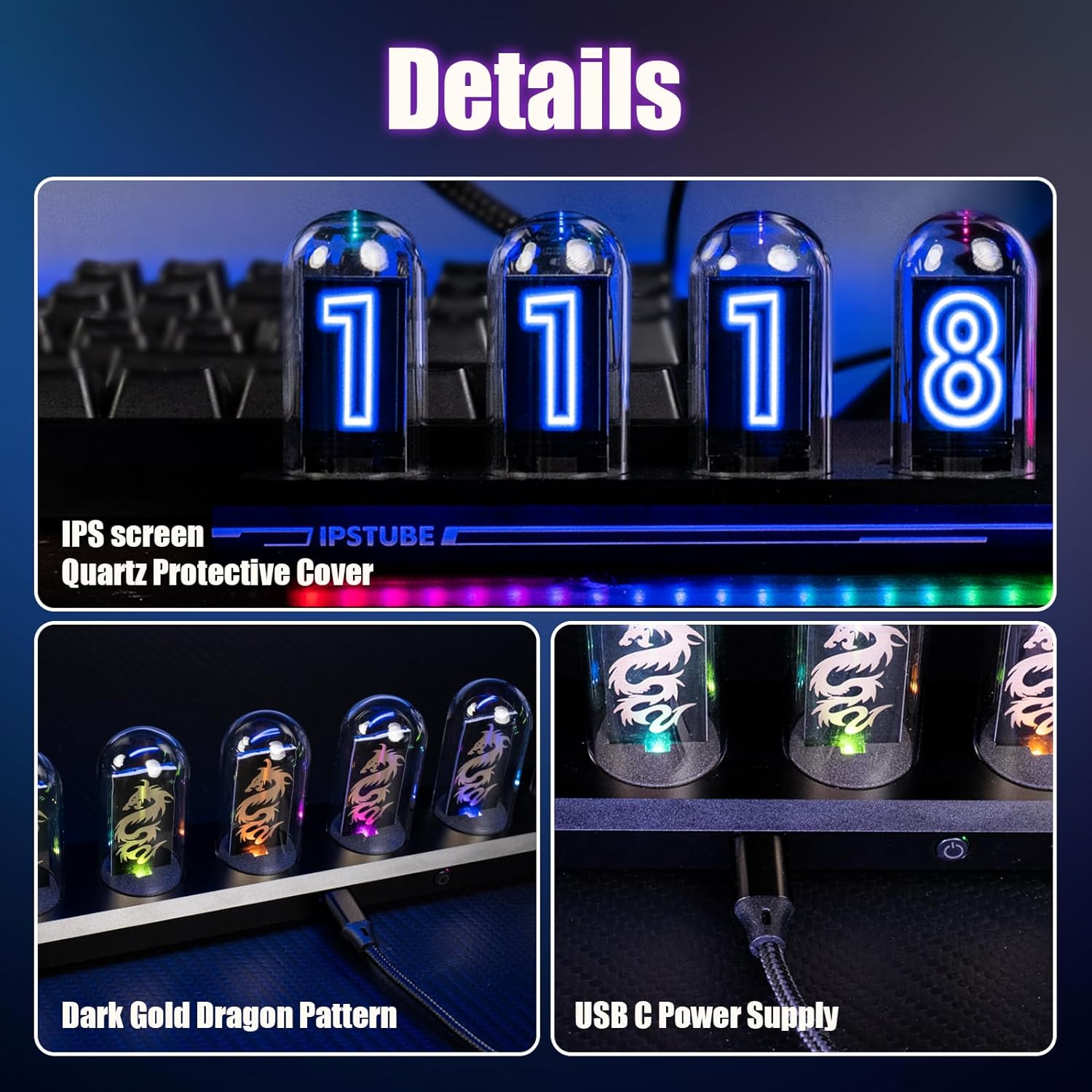 DIY Tube Clock Kit, APP Time Calibration, 3 Light Modes, IPS Display