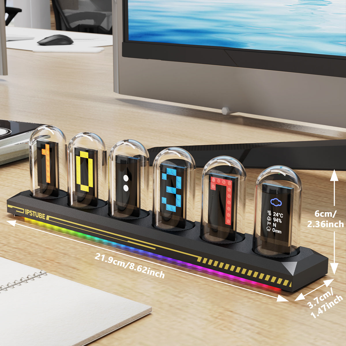 DIY Tube Clock Kit, APP Time Calibration, 3 Light Modes, IPS Display