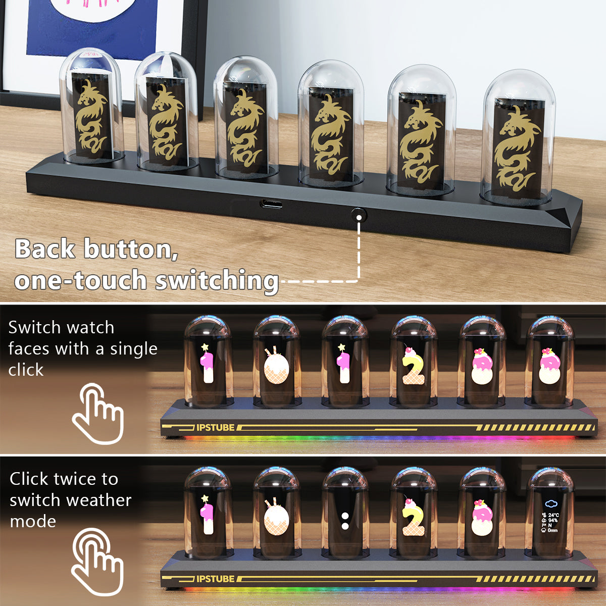 DIY Tube Clock Kit, APP Time Calibration, 3 Light Modes, IPS Display