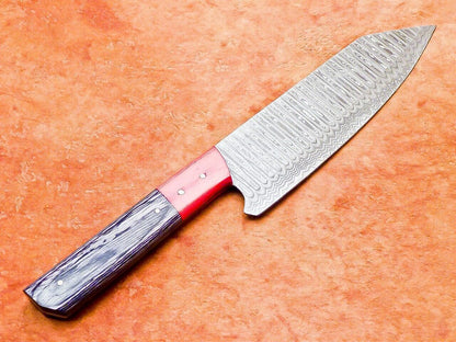 Custom Damascus Culinary Knife  Wooden Grip Chef Knife With Leather Sheath 1
