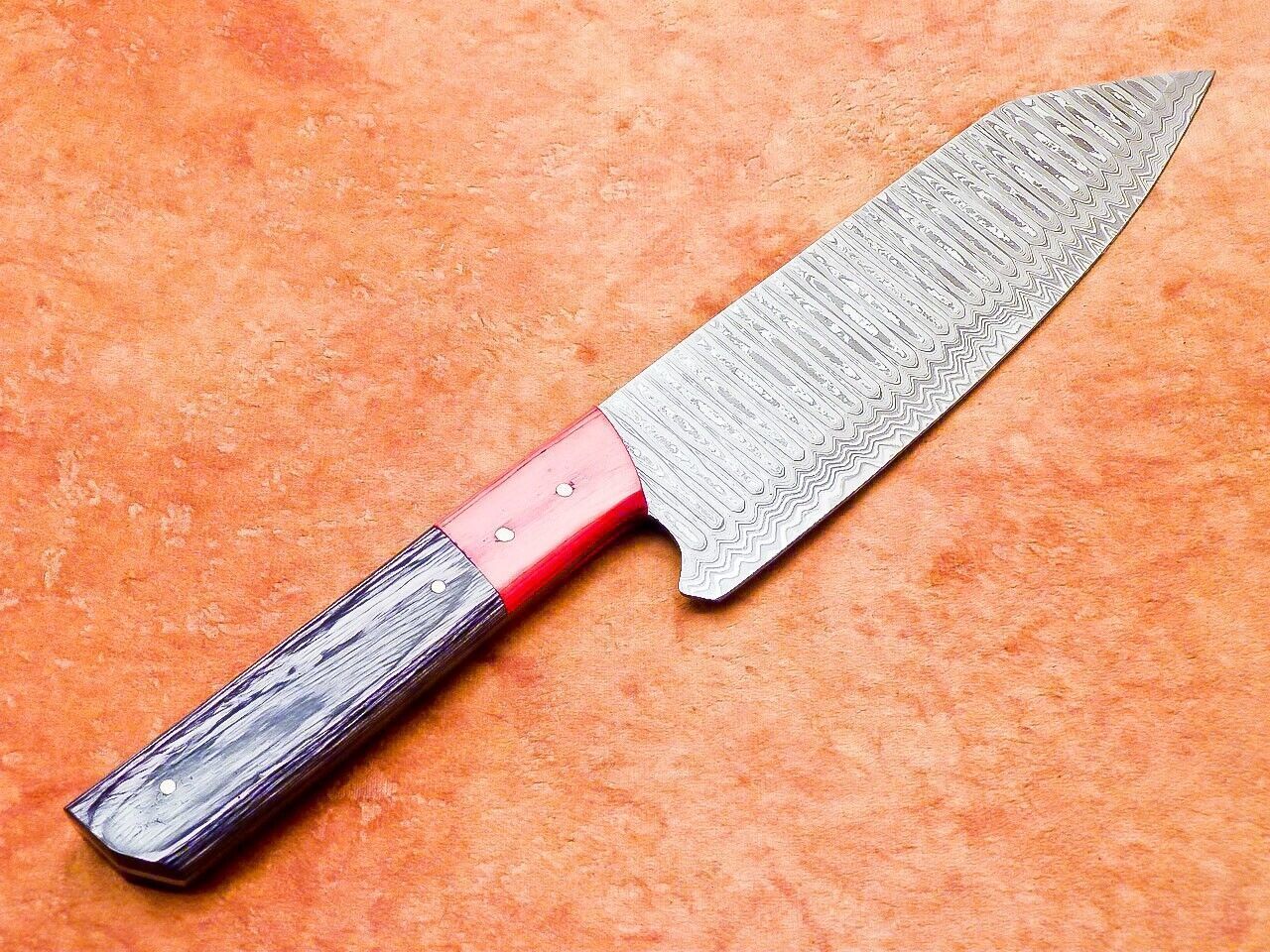 Custom Damascus Culinary Knife  Wooden Grip Chef Knife With Leather Sheath 2