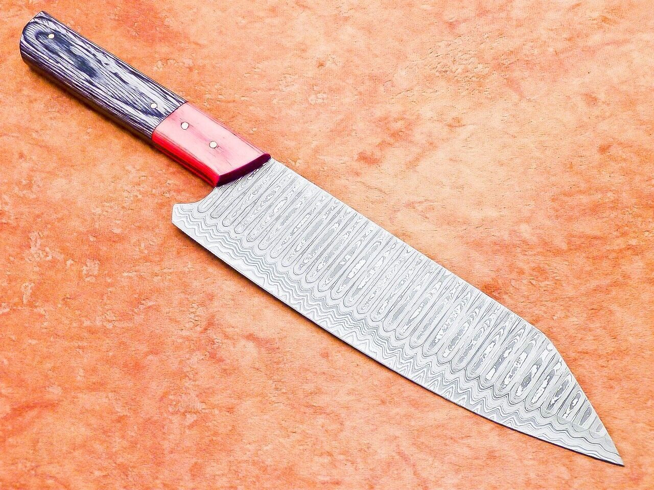 Custom Damascus Culinary Knife  Wooden Grip Chef Knife With Leather Sheath 3