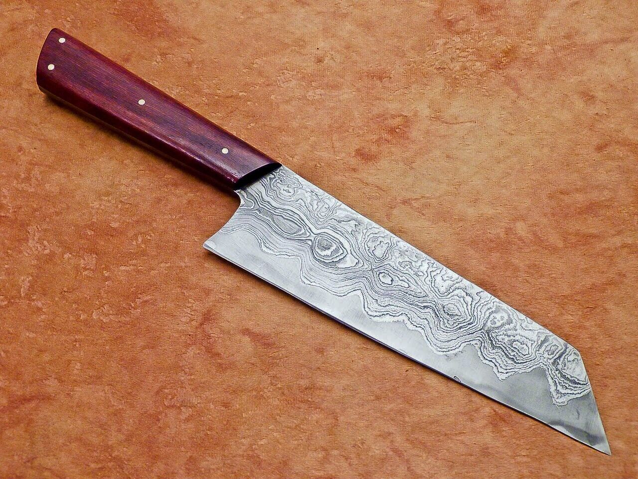 Custom Forged Damascus Kitchen Knife  Wooden Handle 2