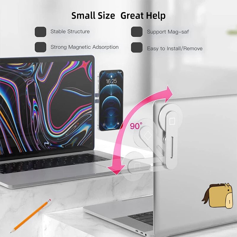 Magnetic Laptop Phone Stand, Ultrathin Display Side Mount for Car, Foldable Aluminum Alloy Back Holder, Rollover Camera