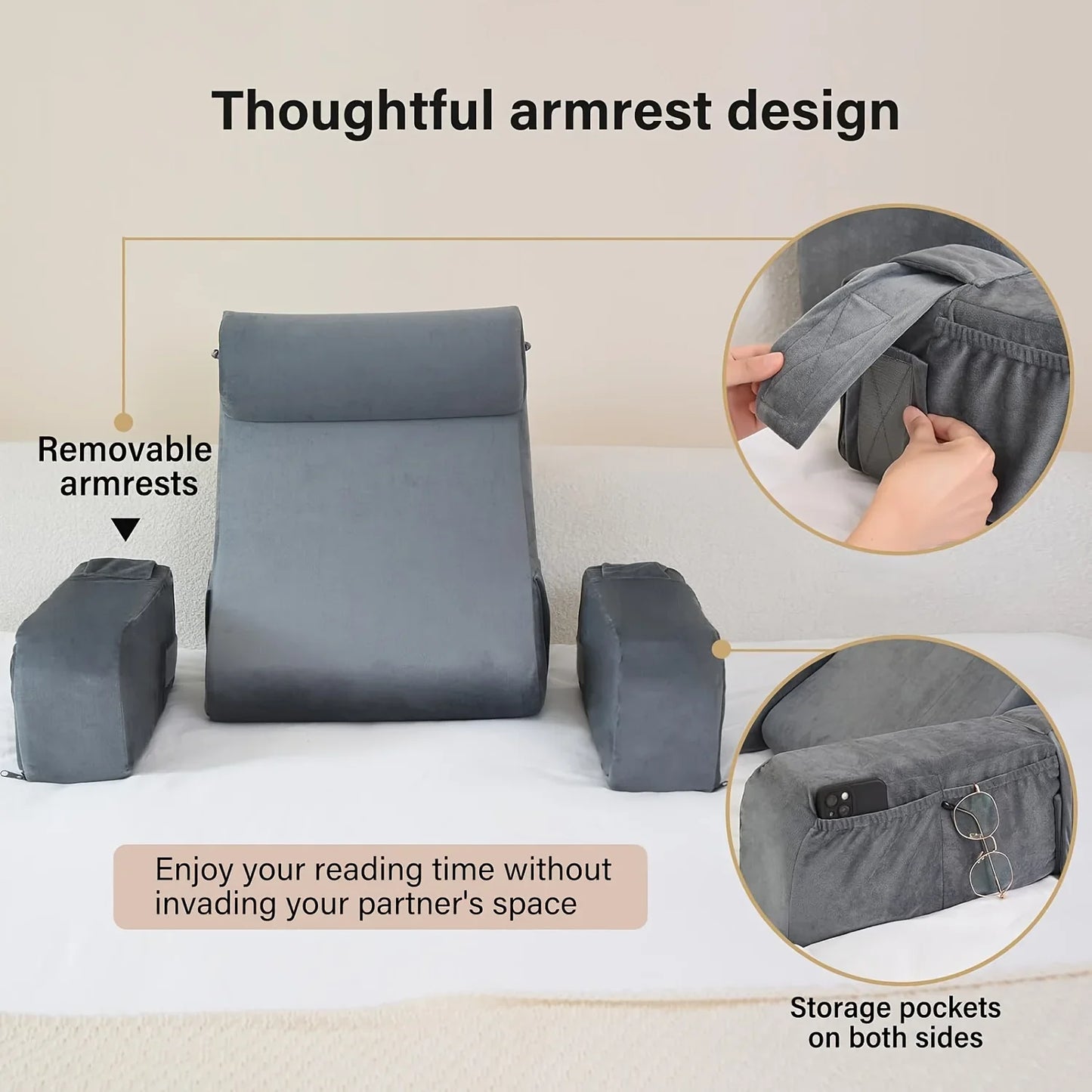 Ergonomic Back Support Cushion for Bed Chair, Reading Pillow with Armrests Cushion, TV Gaming Comfort Accessory Bed