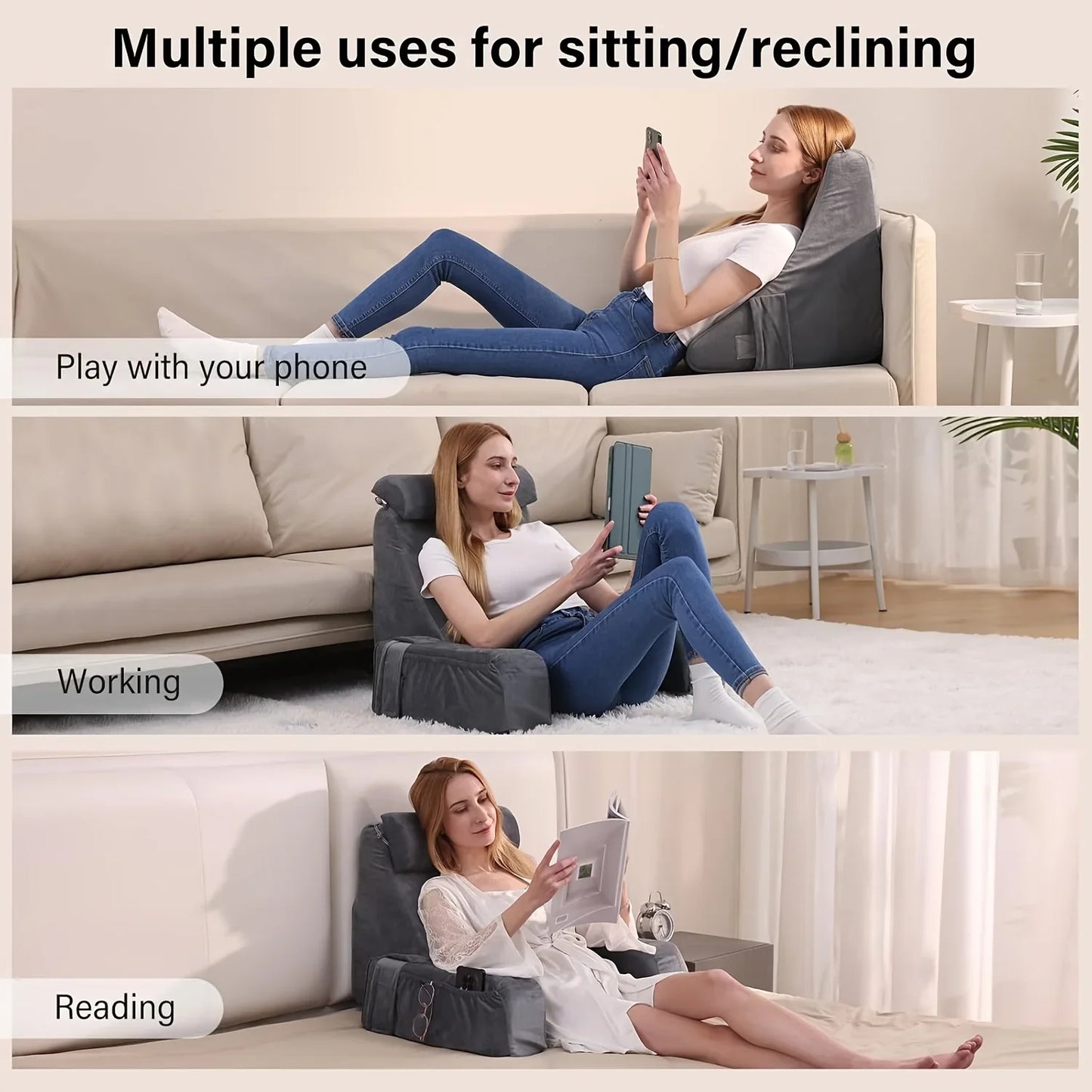 Ergonomic Back Support Cushion for Bed Chair, Reading Pillow with Armrests Cushion, TV Gaming Comfort Accessory Bed