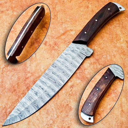 Custom Forged Chef Knife | Damascus Blade & Wood Handle