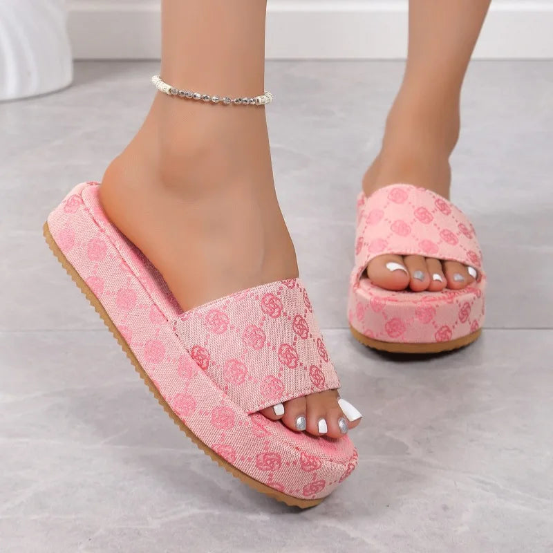 Summer Women Shoes, Floral Platform Slippers for Ladies, Designer Flat Beach Sandals, Outdoor Casual Slip-On Shoes