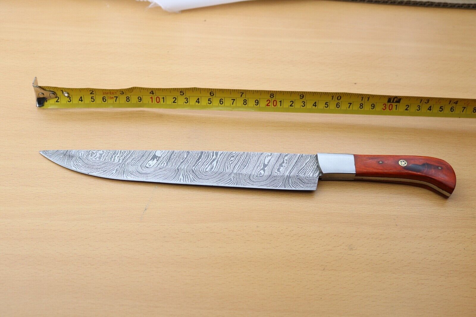 Custom Handmade Damascus Steel Hunting & Camping Knife with Wooden Handle and Sheath