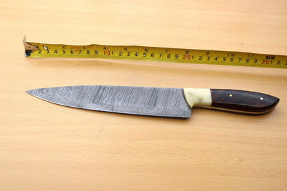 Hand Forged Damascus Steel Hunting Knife with Wooden Handle & Sheath