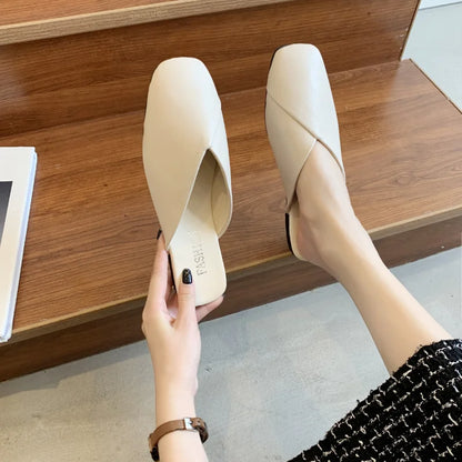 Elegant Summer Women Mules, Square Closed Toe Flat Leather Slippers, Casual Black White Slides for Ladies