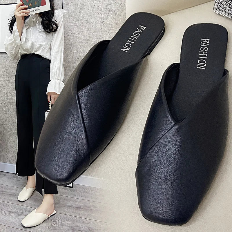 Elegant Summer Women Mules Square Closed Toe Flat Leather Slippers Casual Black White Slides For La 1