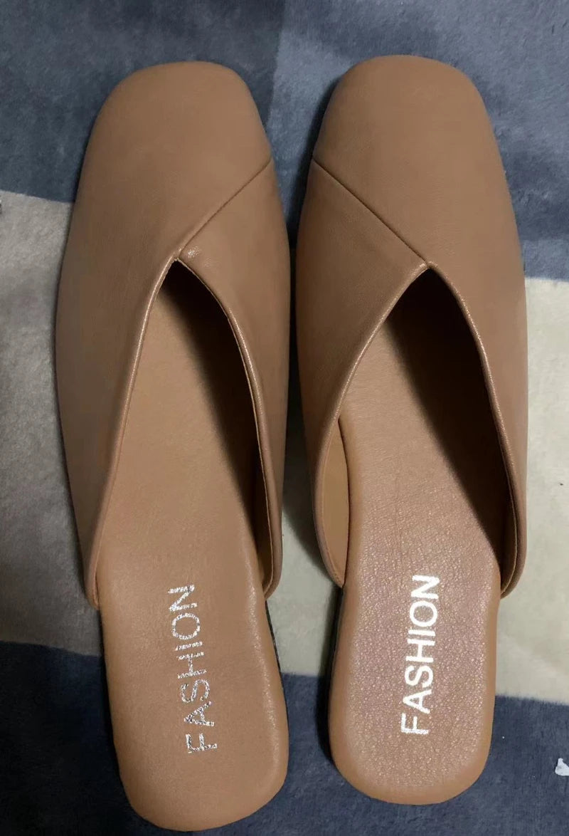 Elegant Summer Women Mules Square Closed Toe Flat Leather Slippers Casual Black White Slides For La 2