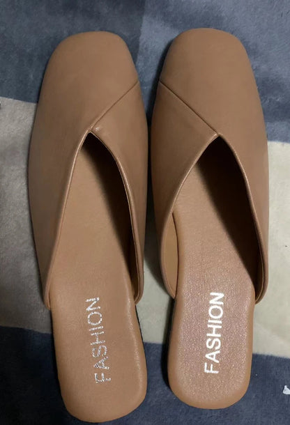 Elegant Summer Women Mules Square Closed Toe Flat Leather Slippers Casual Black White Slides For La 2