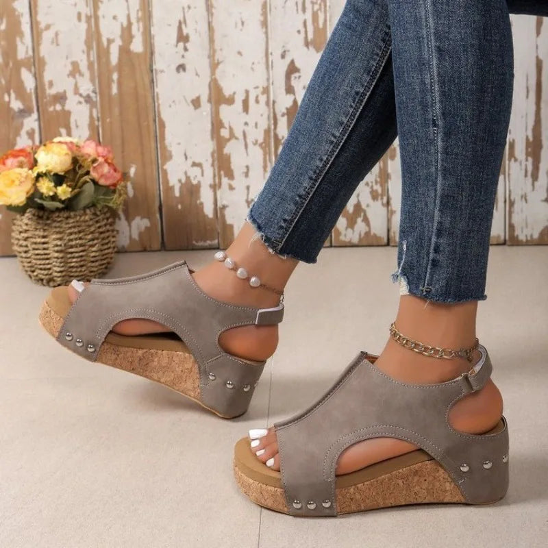 Womens Casual Shoes, Summer Peep Toe Wedge Sandals, Fashion Solid Color Flat High Heels