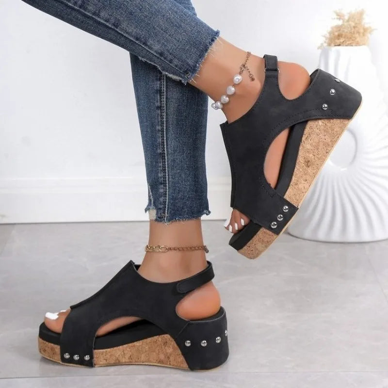 Womens Casual Shoes, Summer Peep Toe Wedge Sandals, Fashion Solid Color Flat High Heels