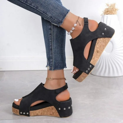 Womens Casual Shoes, Summer Peep Toe Wedge Sandals, Fashion Solid Color Flat High Heels
