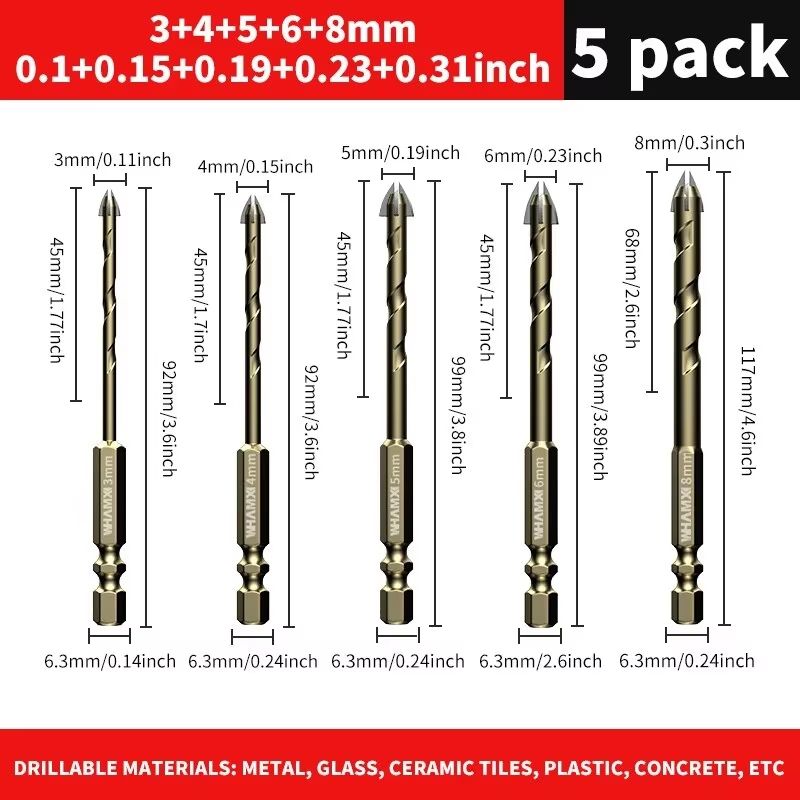 Tungsten Carbide Tile Drill Bit Set  312mm Cross Hex Hard Alloy Bits For Glass Ceramic  Concrete 6