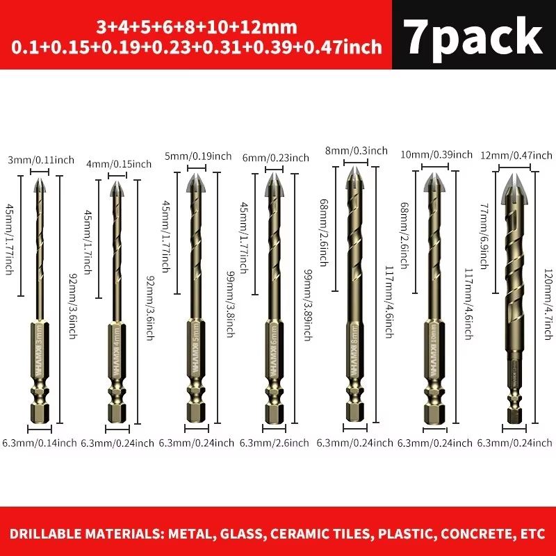 Tungsten Carbide Tile Drill Bit Set  312mm Cross Hex Hard Alloy Bits For Glass Ceramic  Concrete 7
