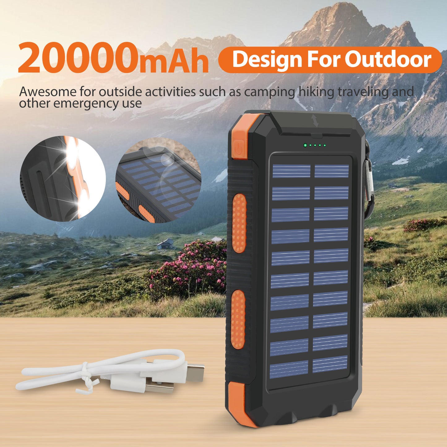 Portable Solar Power Bank, Dual USB Waterproof Solar Charger, Outdoor Flashlight, Phone Power Backup for Smartphones