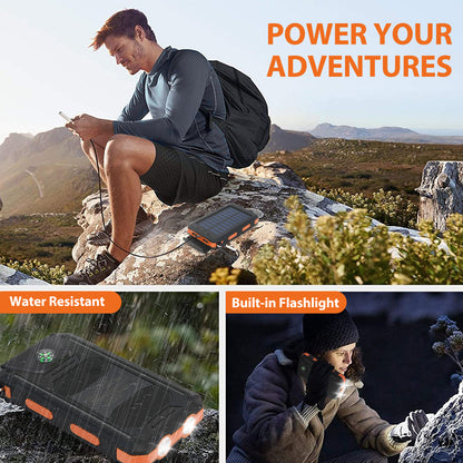 Portable Solar Power Bank, Dual USB Waterproof Solar Charger, Outdoor Flashlight, Phone Power Backup for Smartphones
