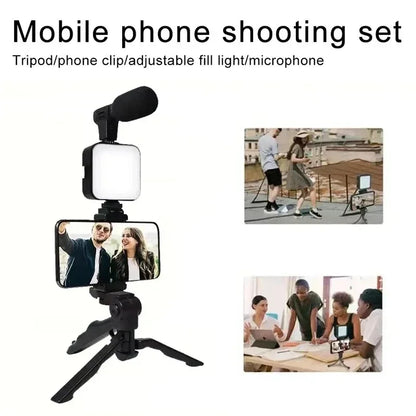Vlogging Kit for Smartphone, LED Light, Mini Microphone, Adjustable Tripod Phone Holder, Starter Set for Live Streaming