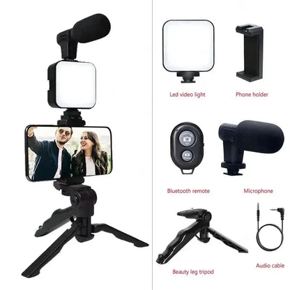 Vlogging Kit for Smartphone, LED Light, Mini Microphone, Adjustable Tripod Phone Holder, Starter Set for Live Streaming