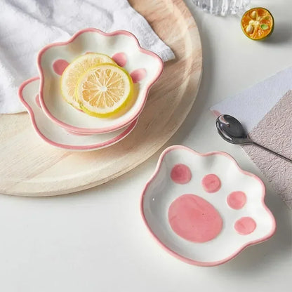 Ceramic Cat Paw Dish Set, Cute Cartoon Dessert Plates, Soy Sauce and Dip Bowls for Household Kitchen