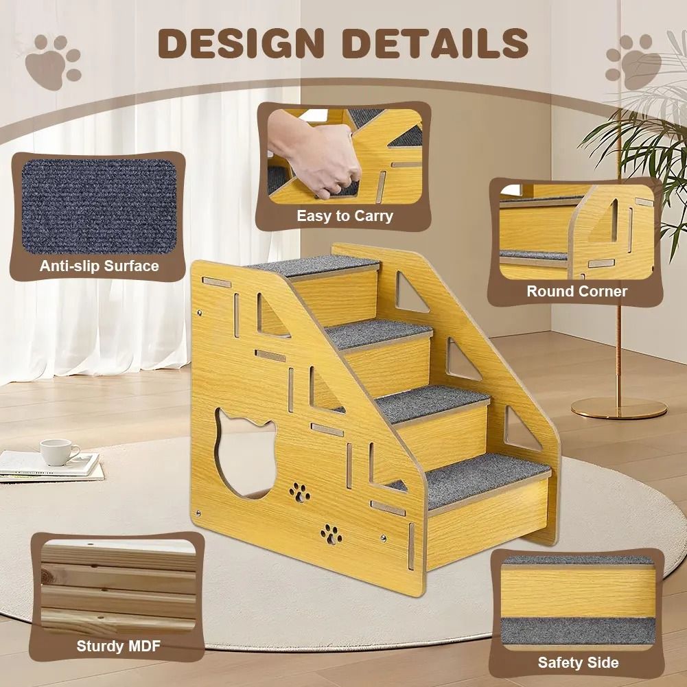 4 Step Wooden Pet Stair Ladder With Carpeted Steps 2