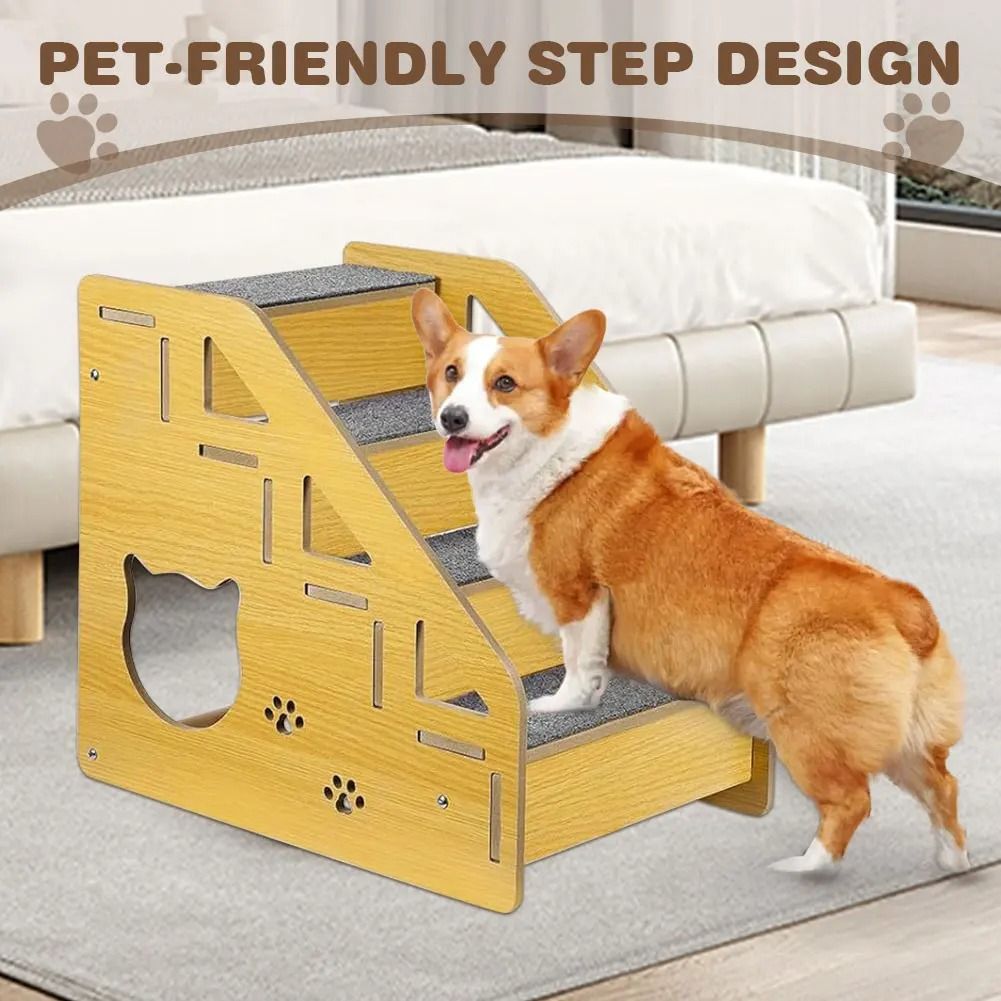 4 Step Wooden Pet Stair Ladder With Carpeted Steps 3