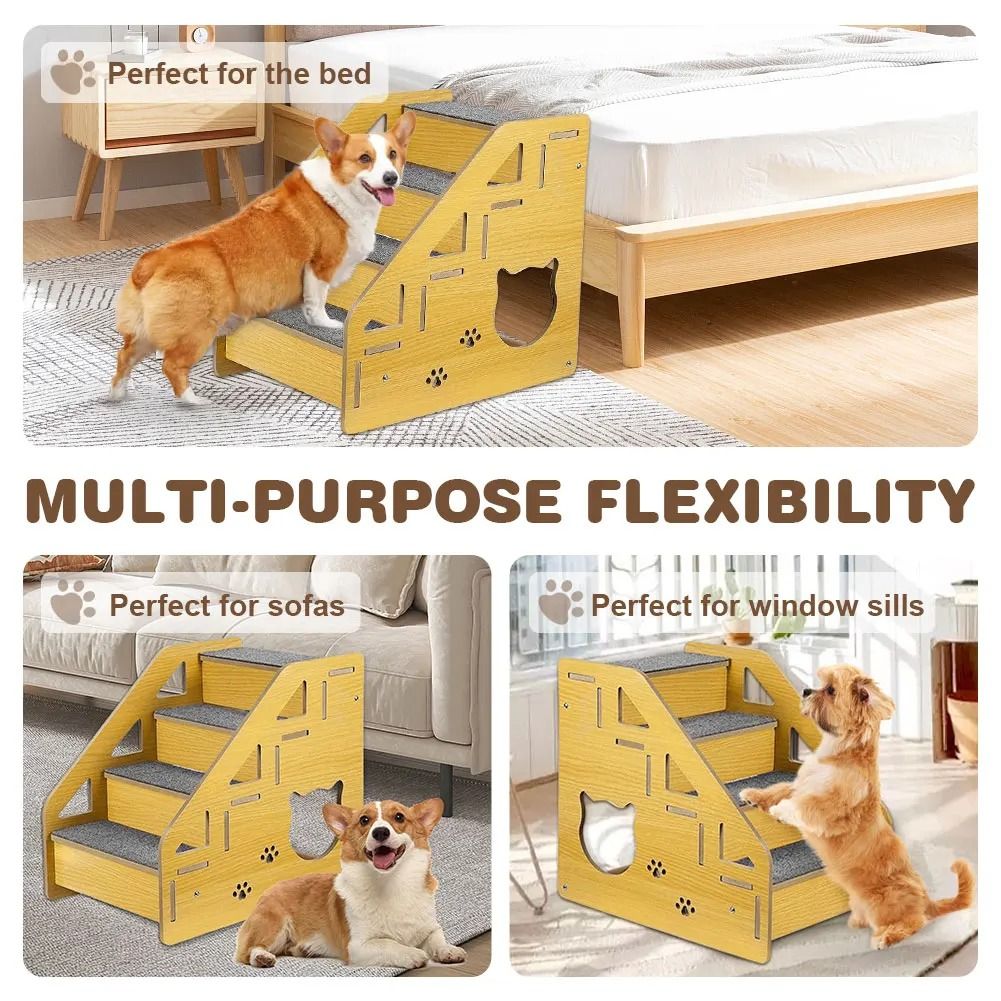 4 Step Wooden Pet Stair Ladder With Carpeted Steps 4