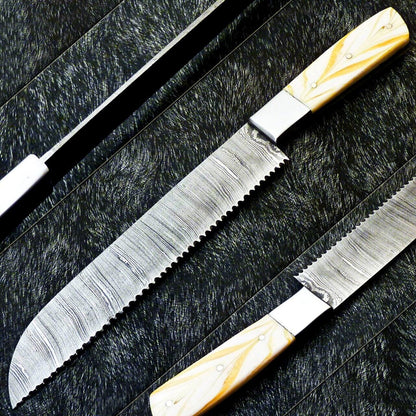Handmade Damascus Steel Chef Knife | Forged Ladder Pattern Blade | Wood Handle