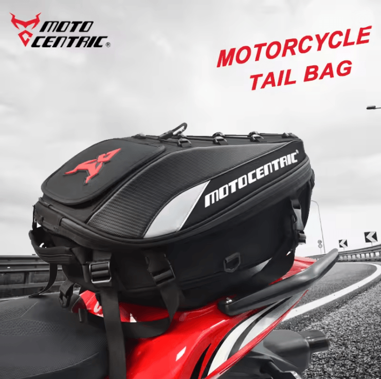 MotoCentric Waterproof Motorcycle Tail Bag and Rider Backpack for Helmet and Gear Storage