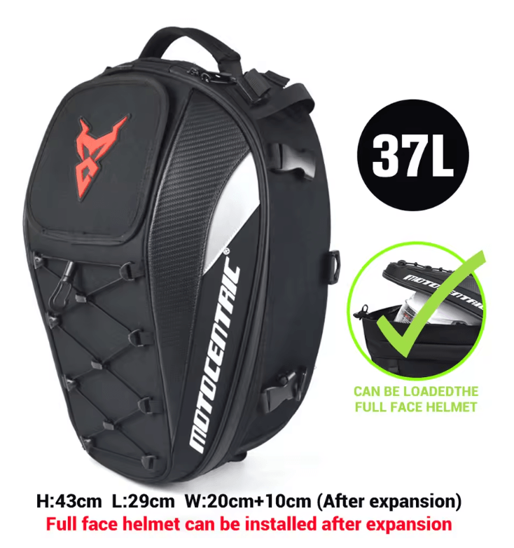 MotoCentric Waterproof Motorcycle Tail Bag And Rider Backpack For Helmet And Gear Storage 3